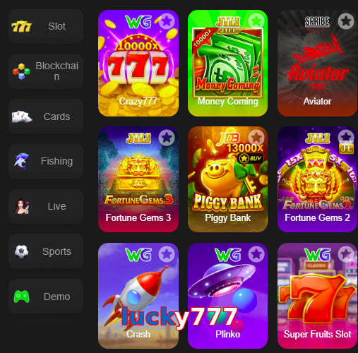 Main screen of Lucky777 game page for PK players